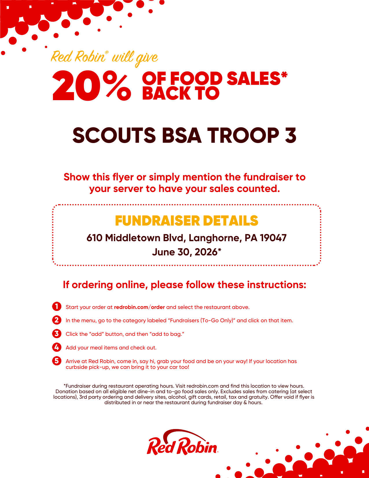 YUM! 🍔 Troop 3 Red Robin Fundraiser | June 30